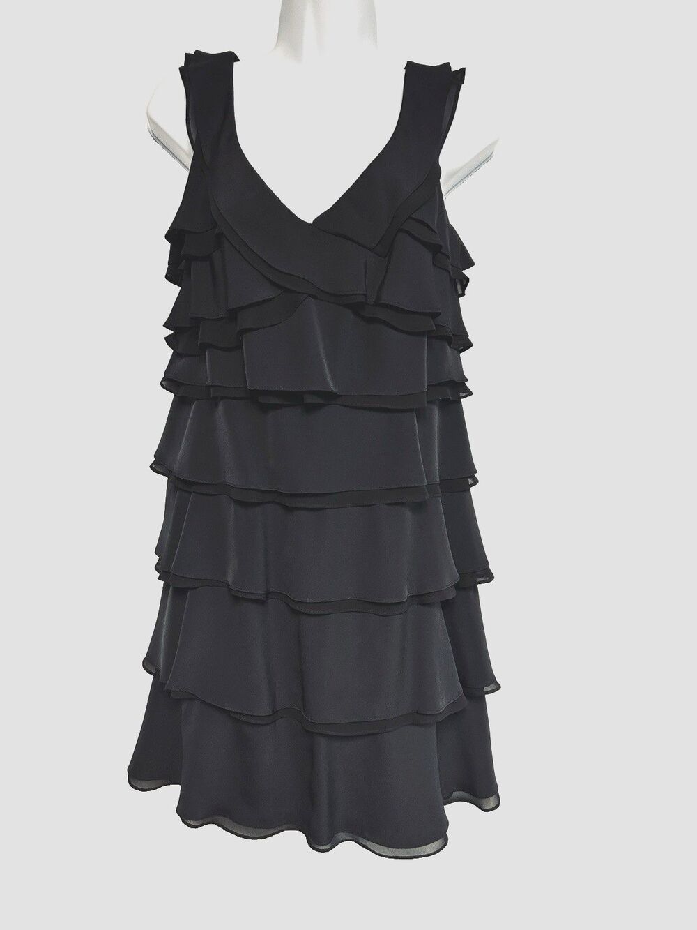 SL Fashions Women's 6 Black Chiffon V Neck Sleeveless Tiered Cocktail Dress